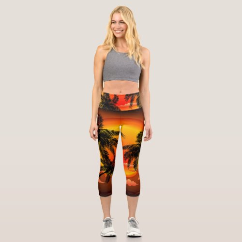 Warm Topical Sunset and Palm Trees Capri Leggings