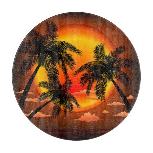 Warm Topical Sunset and Palm Trees Cutting Board