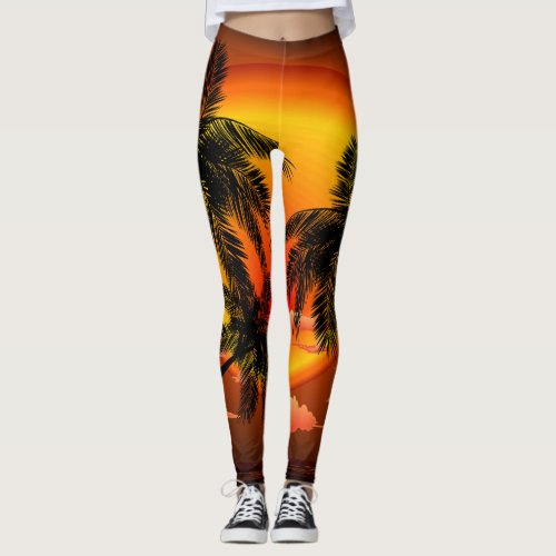 Warm Topical Sunset and Palm Trees Leggings