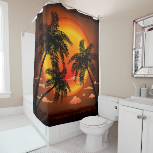 Warm Topical Sunset and Palm Trees Shower Curtain