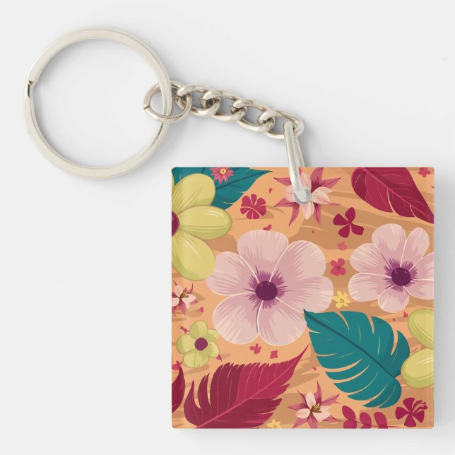Warm Tropical Floral with Red and Green Leaves Keychain (Front)