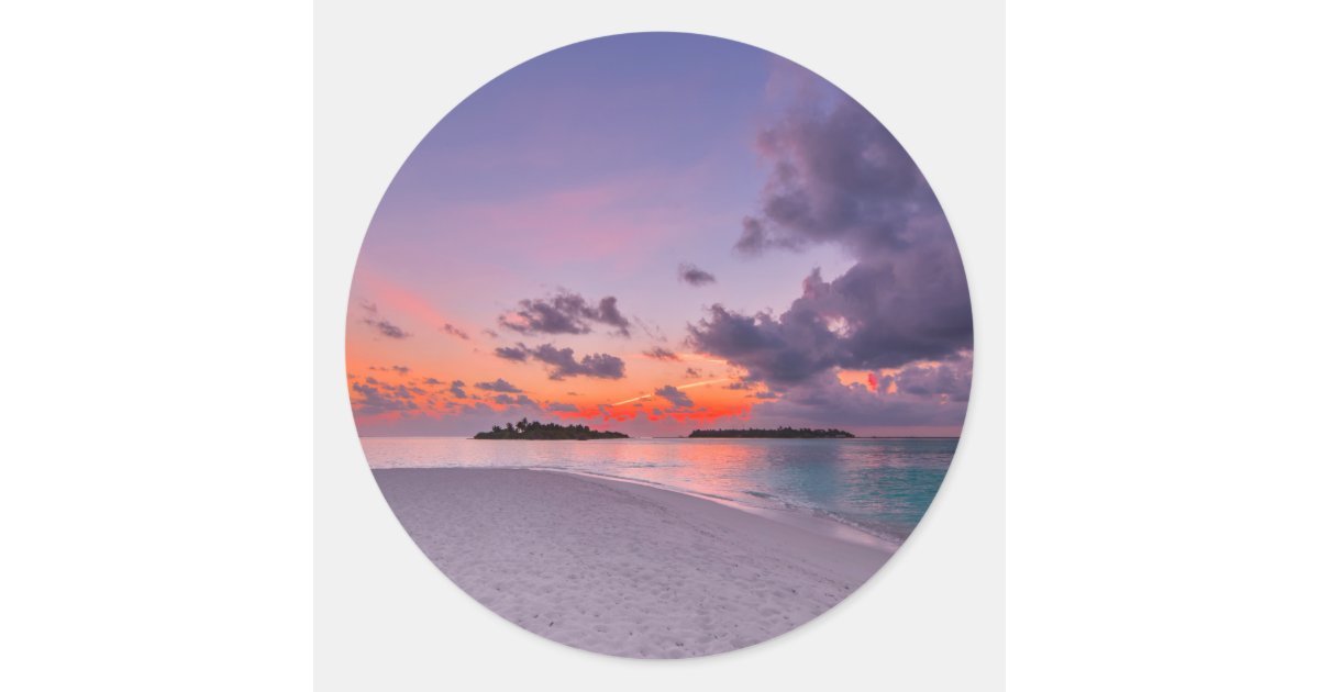 Warm Tropical Paradise Beach Sunset Classic Round Sticker Zazzle Com Warm Tropical Paradise Beach Sunset Classic Round Sticker Zazzle Com