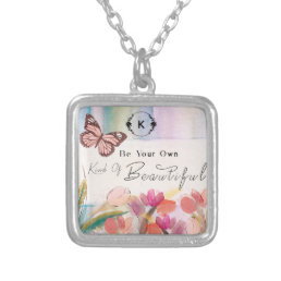 Warm Tulips and Butterfly Quote,Custom Monogram  Silver Plated Necklace