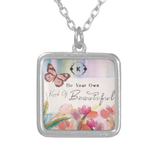 Warm Tulips and Butterfly Quote,Custom Monogram  Silver Plated Necklace