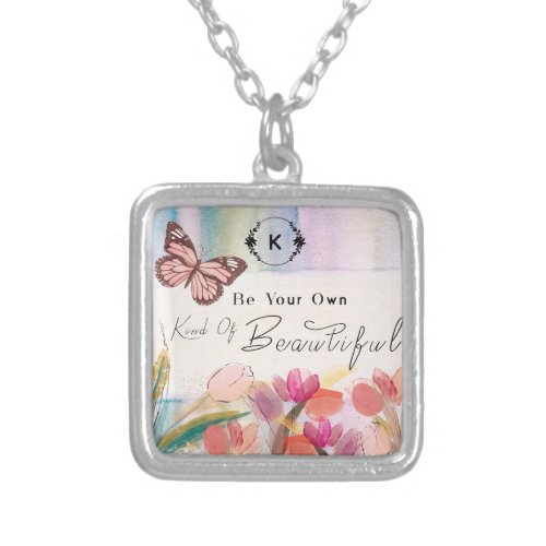 Warm Tulips and Butterfly QuoteCustom Monogram  Silver Plated Necklace