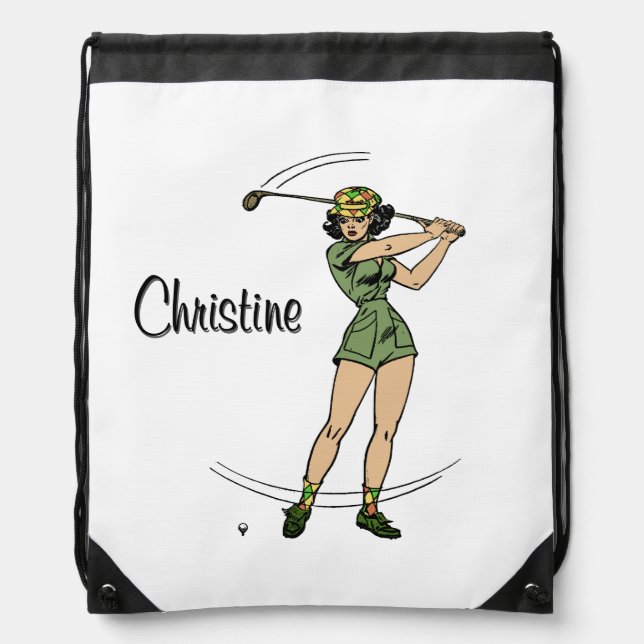 Warm Up for Golfing Personal Lady Golfer Drawstring Bag (Front)