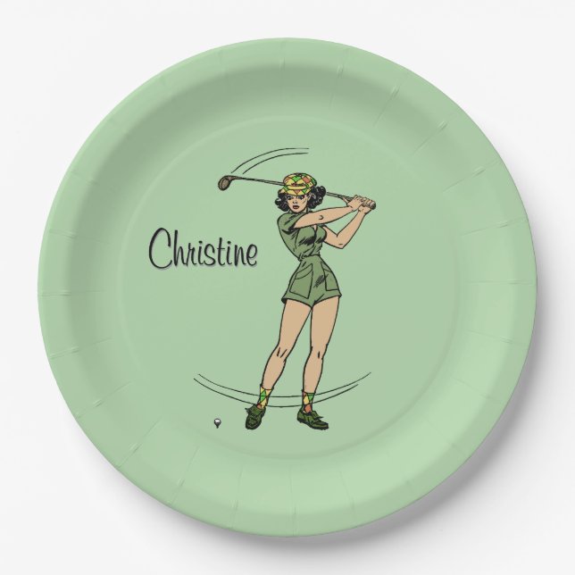 Warm Up for Golfing Personal Lady Golfer Green Paper Plates (Front)