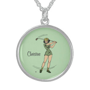 Warm Up for Golfing Personal Lady Golfer Green Sterling Silver Necklace
