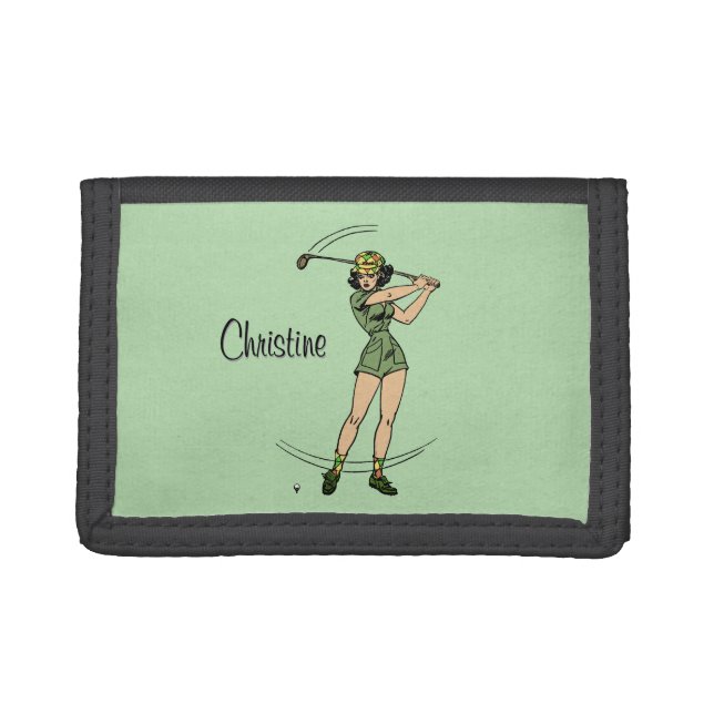 Warm Up for Golfing Personal Lady Golfer Green Trifold Wallet (Front)