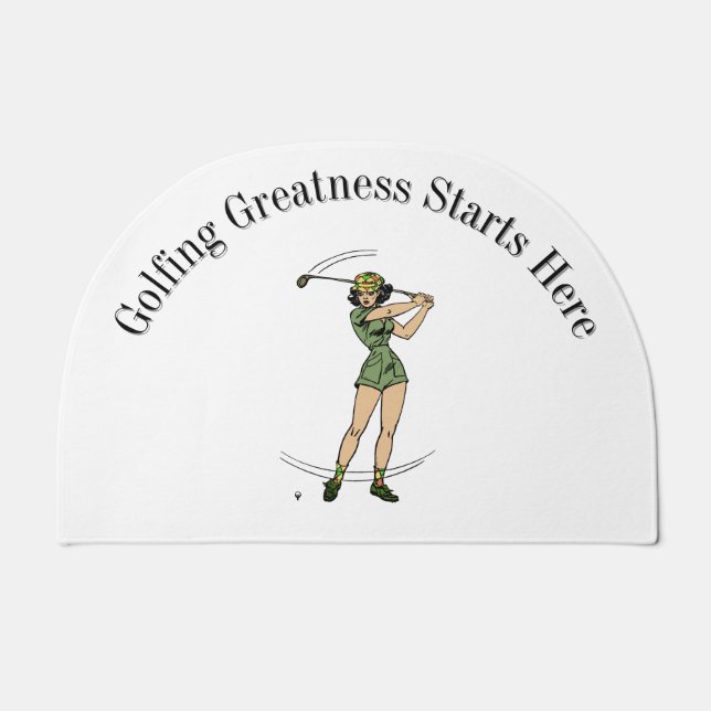 Warm Up Lady Golfer Greatness Starts Here Door Mat (Front)