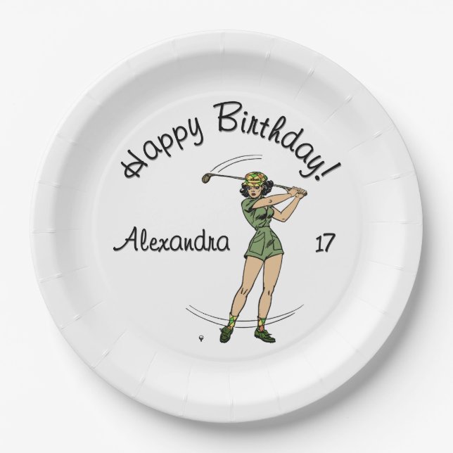 Warm Up Lady Golfer Happy Birthday Name Age Paper Plates (Front)