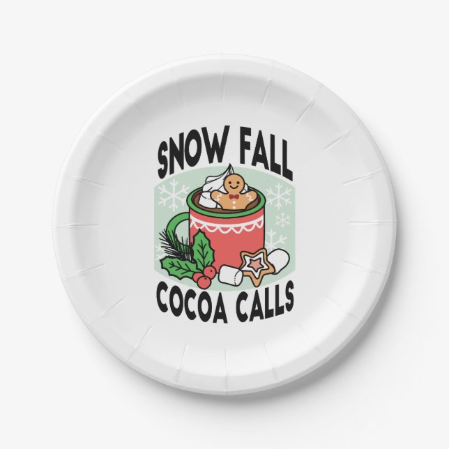 Warm Up with Snow Fall Cocoa Calls - Winter Drink Paper Plates (Front)
