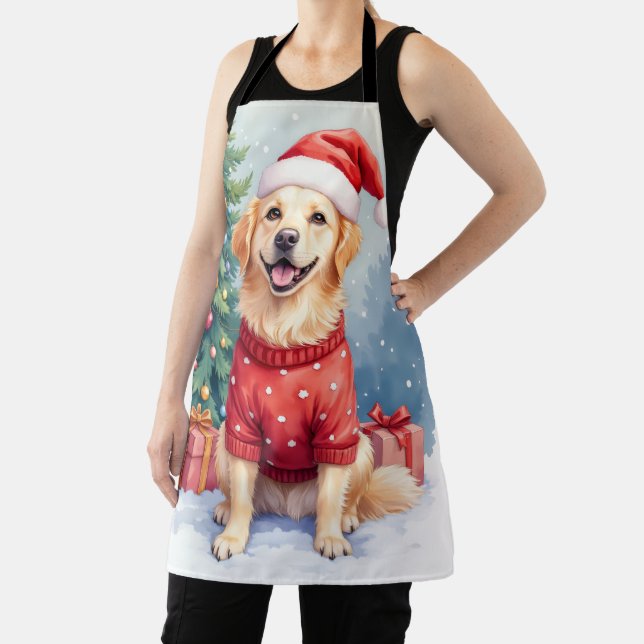 Warm Watercolor Golden Retriever Christmas Tree Apron (Insitu)