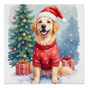 Warm Watercolor Golden Retriever Christmas Tree Poster