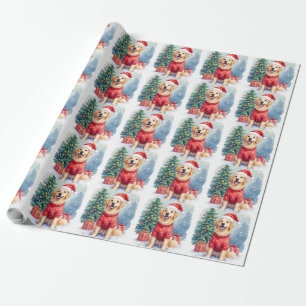 Warm Watercolor Golden Retriever Christmas Tree Wrapping Paper