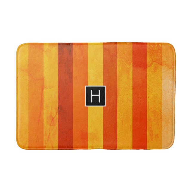 Warm Weathered Orange Red Stripes Monogram Bathroom Mat (Front)