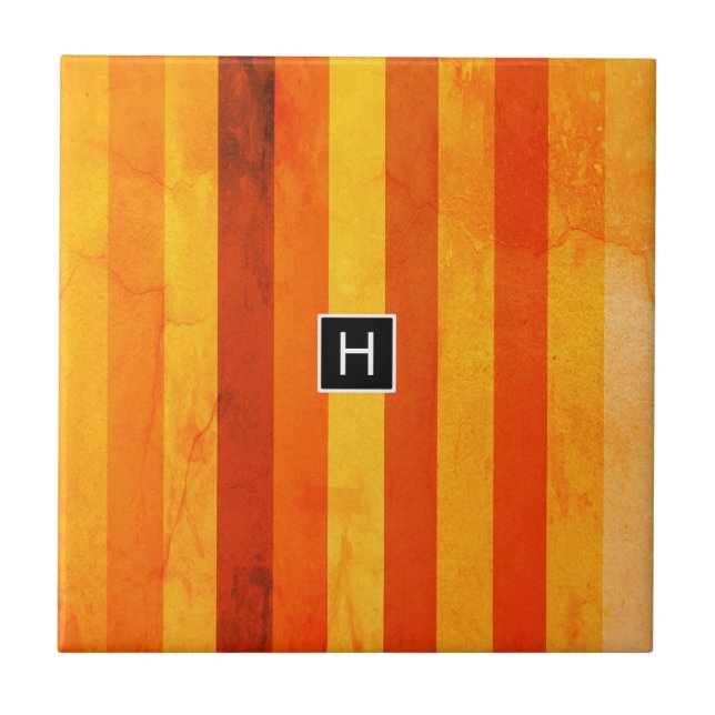 Warm Weathered Orange Red Stripes Monogram Ceramic Tile (Front)