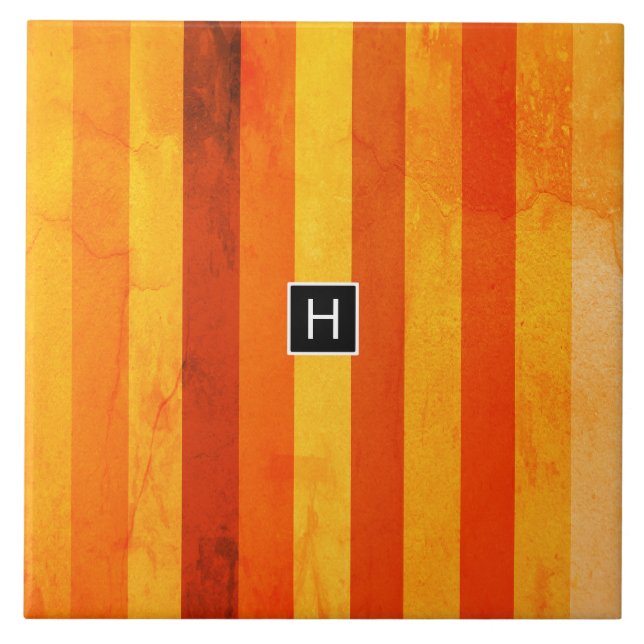 Warm Weathered Orange Red Stripes Monogram Ceramic Tile (Front)