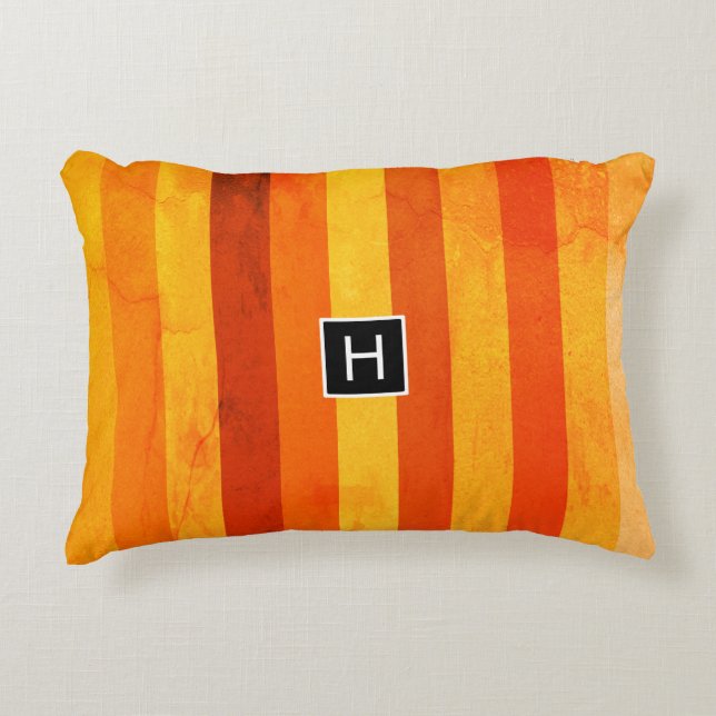 Warm Weathered Orange Red Stripes Monogram Decorative Pillow (Front)