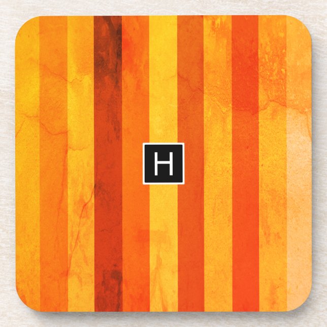 Warm Weathered Orange Red Stripes Monogram Drink Coaster (Front)