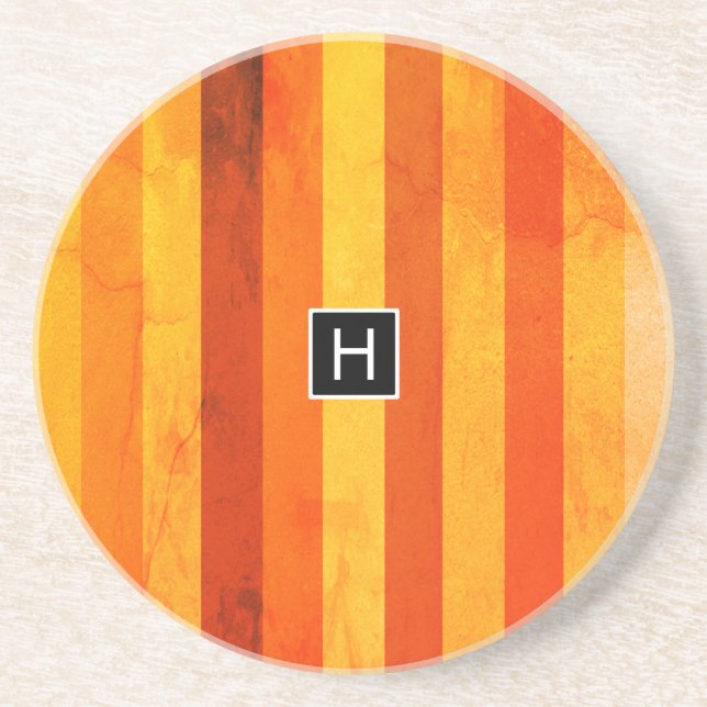 Warm Weathered Orange Red Stripes Monogram Drink Coaster (Front)
