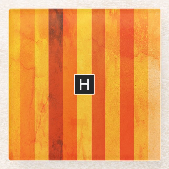 Warm Weathered Orange Red Stripes Monogram Glass Coaster (Front)