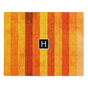 Warm Weathered Orange Red Stripes Monogram Jigsaw Puzzle
