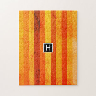 Warm Weathered Orange Red Stripes Monogram Jigsaw Puzzle