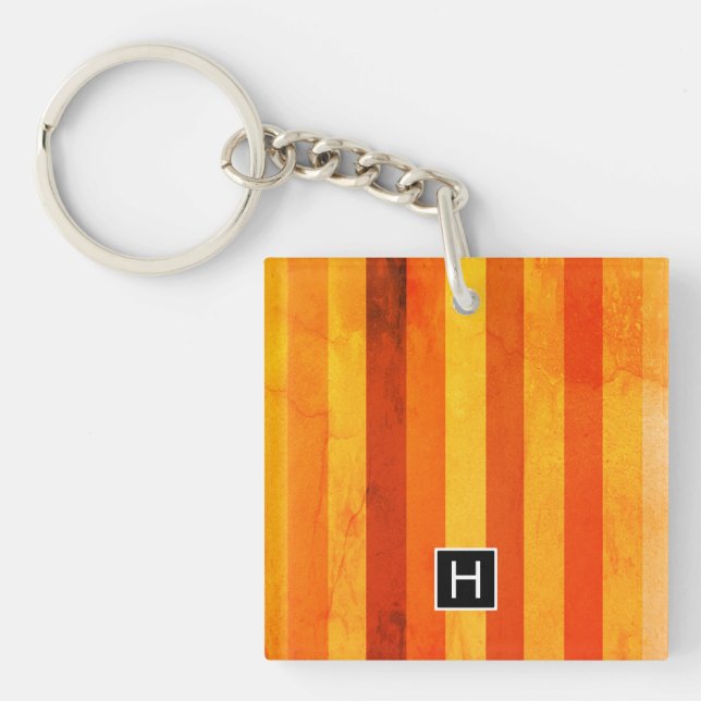Warm Weathered Orange Red Stripes Monogram Keychain (Front)