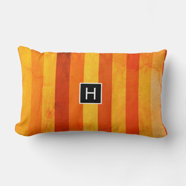 Warm Weathered Orange Red Stripes Monogram Lumbar Pillow (Front)