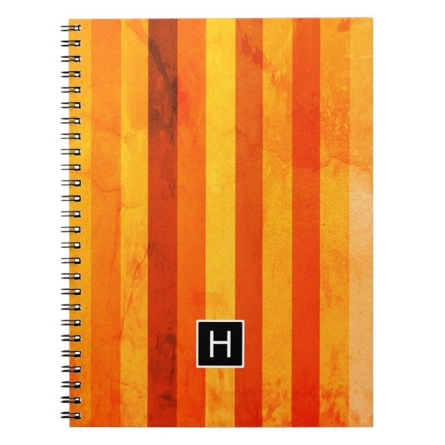 Warm Weathered Orange Red Stripes Monogram Notebook (Front)