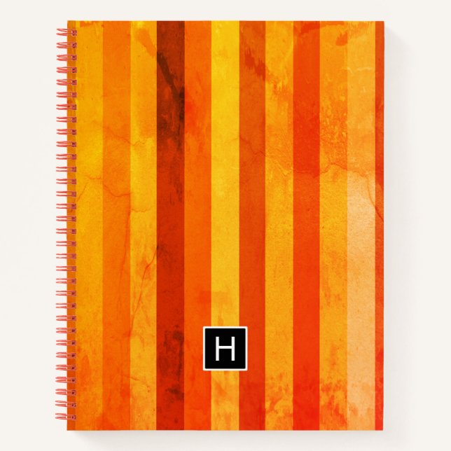Warm Weathered Orange Red Stripes Monogram Notebook (Front)