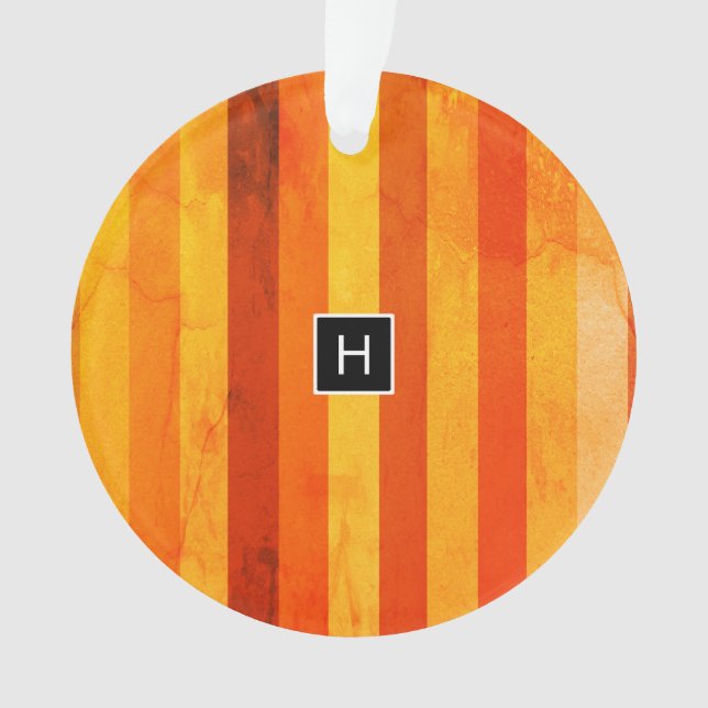 Warm Weathered Orange Red Stripes Monogram Ornament (Front)