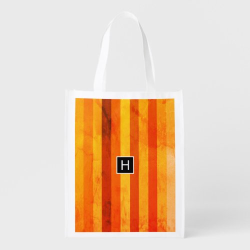Warm Weathered Orange Red Stripes Monogram Reusable Grocery Bag