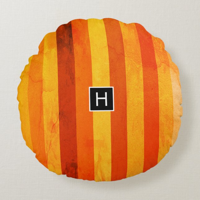 Warm Weathered Orange Red Stripes Monogram Round Pillow (Front)