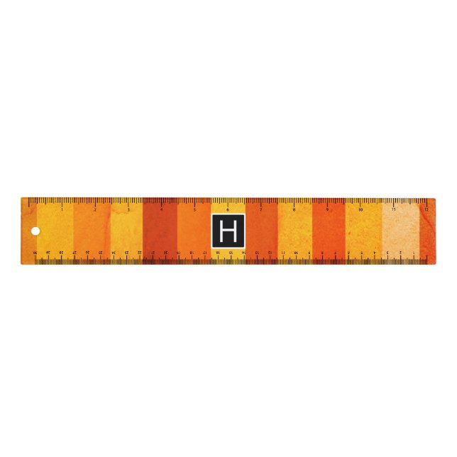 Warm Weathered Orange Red Stripes Monogram Ruler (Front)