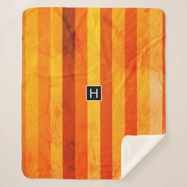Warm Weathered Orange Red Stripes Monogram Sherpa Blanket (Front)
