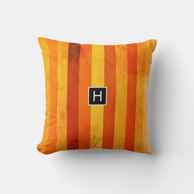 Warm Weathered Orange Red Stripes Monogram Throw Pillow (Front)