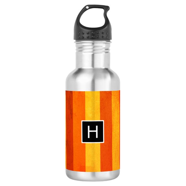 Warm Weathered Orange Red Stripes Monogram Water Bottle (Front)