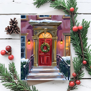Warm Welcome Christmas Red Wreath Cozy Painting Holiday Card