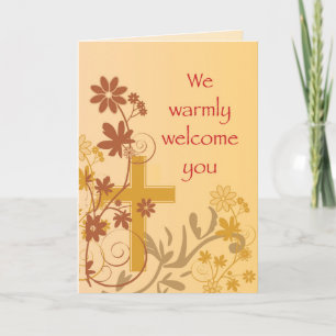 Warm Welcome to Parish Cross Swirls Flowers Leaves Card