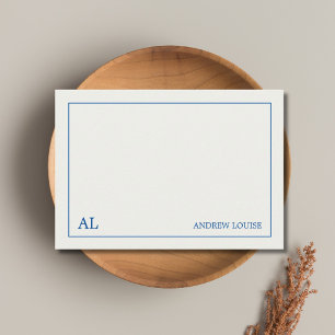 Warm White Blue Minimalist Monogram Business Note Card