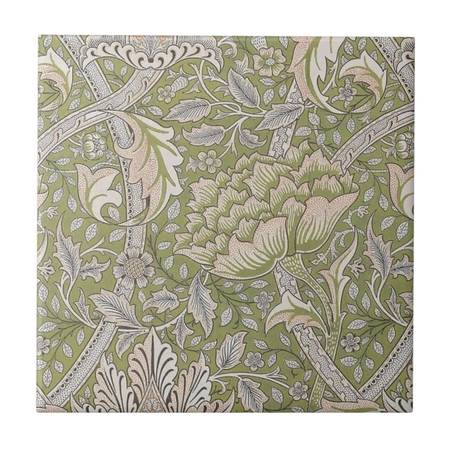 Warm Windrush Floral Flowers Olive Green Pink Gray Ceramic Tile (Front)