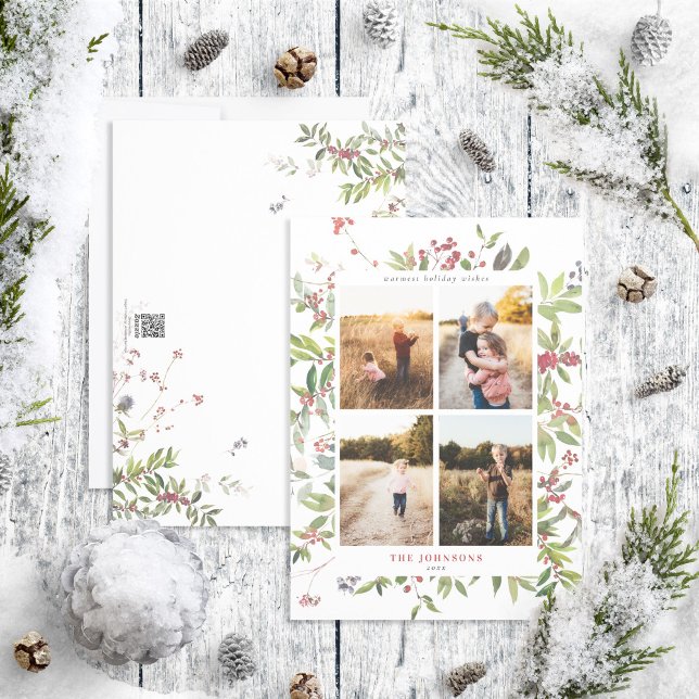 Warm Winter Berry Botanicals 4 Photo Holiday Card (Creator Uploaded)