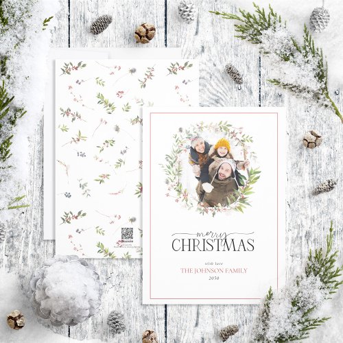 Warm Winter Berry Wreath Merry Christmas Photo Hol Holiday Card