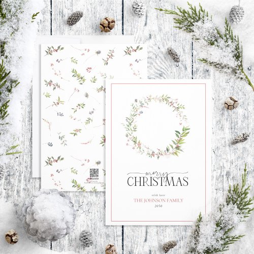 Warm Winter Berry Wreath Merry Christmas Script Ho Holiday Card