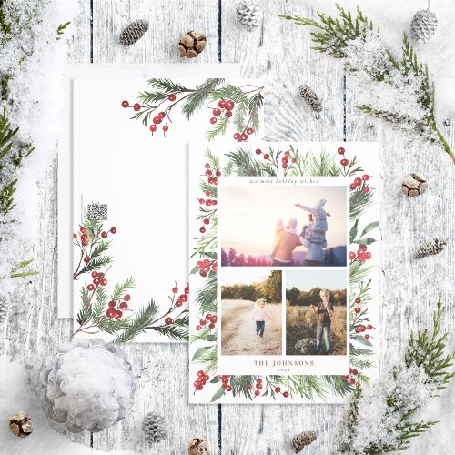 Warm Winter Pine Berry Natural Botanicals 3 Photo  Holiday Card