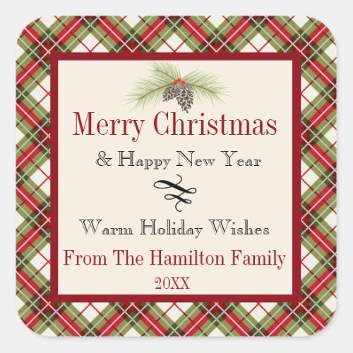 Warm Winter Plaid Personalized Holiday Square Sticker