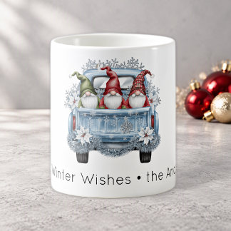 Warm Winter Wishes Blue Vintage Truck Cute Gnomes Coffee Mug