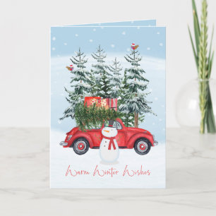 Warm Winter Wishes Christmas Snowman and Car Holiday Card